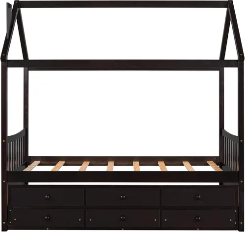 Vista 4 de Cama de madera maciza tamaño individual con techo, nido, 3 cajones de almacenamiento, sofá cama de plataforma para muebles de dormitorio, sala