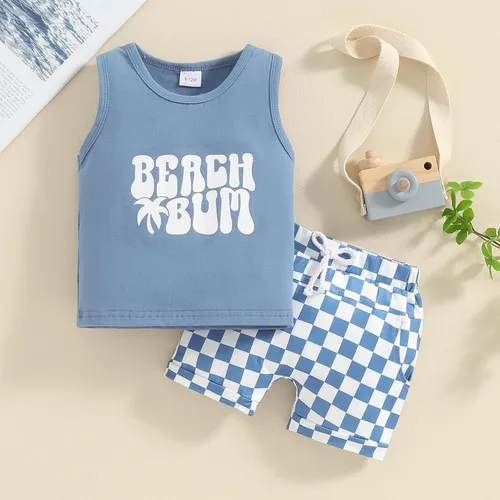 Vista 20 de Ropa de bebé niño sin mangas + pantalones cortos con estampado a rayas con bolsillos, 2 piezas de trajes de verano