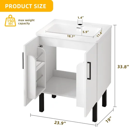 Vista 2 de DWVO Conjunto de tocador de baño de 24 pulgadas con fregadero empotrado, armario de almacenamiento de baño moderno incluido, ganchos para estantes