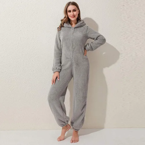 Vista 16 de Pijama de forro polar para mujer, mameluco cálido de sherpa, ropa de dormir de una pieza con cremallera y capucha