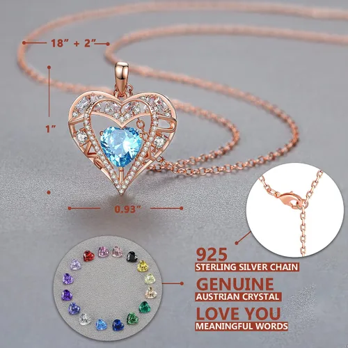 Vista 9 de Collar de cristal de 5 corazones, chapado en oro rosa de 18 quilates, colgante con cadena de plata de ley 925 de 18 + 2 pulgadas, joyería de piedra