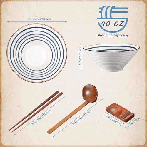 Vista 2 de Zopeal Juego de 4 tazones de cerámica para ramen de 40 onzas con palillos, cucharas y estantes de cerámica asiática para sopa Udon Soba Pho, fideos