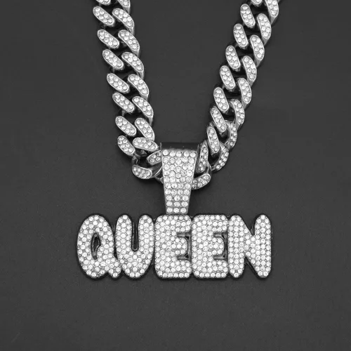 Vista 3 de Cadena chapada en oro/plata de 2 piezas con colgante de cadena cubana, collar de alfabeto hip hop de diamantes completos