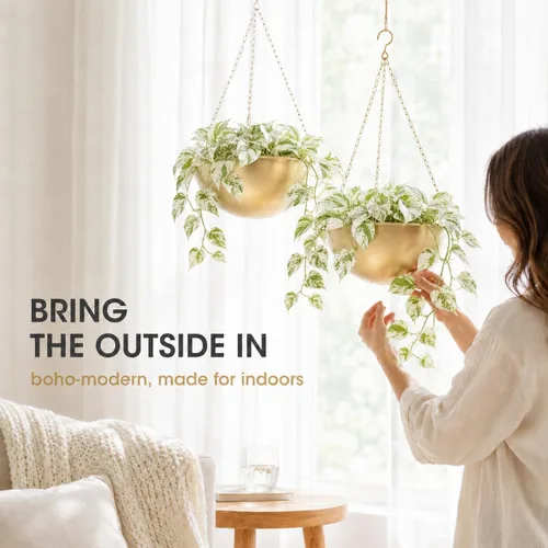 Vista 4 de AceList Paquete de 2 macetas colgantes doradas para plantas de interior, colgador de plantas de metal bohemio de 9.8 pulgadas para interiores