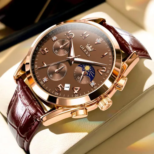 Vista 2 de OLEVS Relojes de hombre de cuero marrón con fecha, relojes casuales para hombre, relojes de cara grande para hombre, cronógrafo para hombre, reloj
