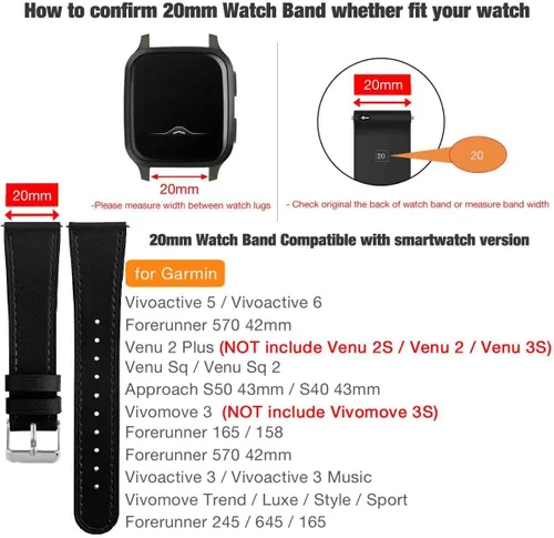 Vista 3 de Abanen Correa de reloj de 0.787 in para Garmin Venu Sq/Venu 2 Plus/Vivoactive 6/5, correa de cuero de liberación rápida para Vivoacvit 3, Forerunner