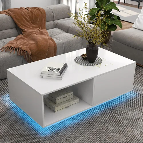 Vista 5 de Mesa de centro LED blanca para sala de estar con cajón y 16 luces de colores, mesa de centro moderna de alto brillo de 43.3 pulgadas con espacio