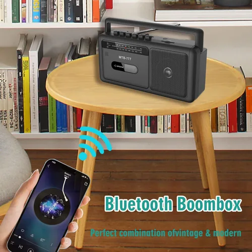 Vista 4 de WTB-777 Reproductor de casete portátil Boombox, radio AM/FM estéreo con Bluetooth, USB, grabador, conector para auriculares, alimentación CC/CA