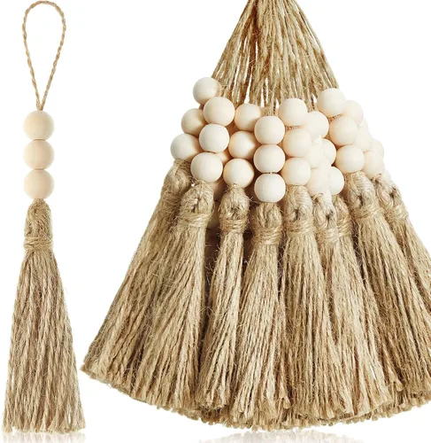 Vista 8 de Taiyin 40 juegos de borlas de yute con 3 cuentas de madera, cuerda de yute natural, borlas de arpillera para árbol de Navidad, manualidades, cuentas