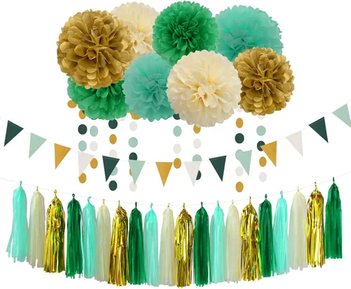 Vista 14 de Decoraciones de fiesta de fútbol negro verde plateado - 30 piezas de serpentinas de graduación de fútbol, pompones de papel de seda, guirnalda