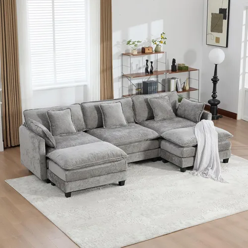 Vista 214 de Sofá seccional modular verde de 111.5", sofás seccionales grandes de 3 plazas para sala de estar, sofá nube oversized de tela chenille con otomana