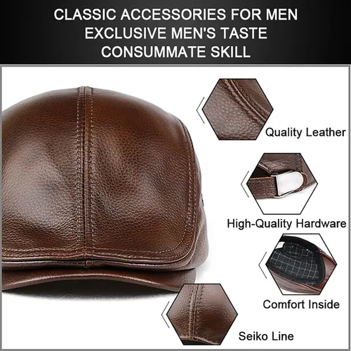 Vista 4 de Gorra de cuero genuino para hombre, diseño de taxista de golf, pesca, sombrero de periódico, regalo para papá, marido, novio, 7-7 58