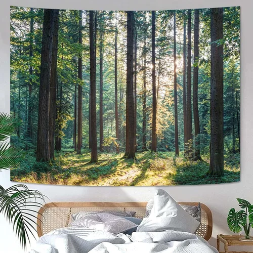 Vista 39 de Zussun Tapiz de Bosque Natural de Montaña Tapiz Verde de Pino Luz Solar Selva para Dormitorio Estético Planta Paisaje de Montaña Tapices Pequeños