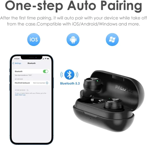Vista 5 de PALOVUE Auriculares inalámbricos, auriculares intrauditivos con Bluetooth 5.3, micrófono integrado, estéreo de graves profundos, con estuche de Negro