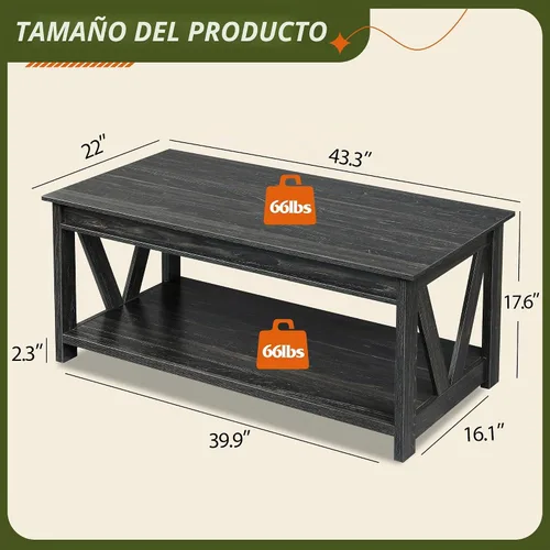 Vista 3 de WLIVE Mesa de Centro, Mesa de Centro Estilo Granja de 43" con Estante de Almacenamiento y Soporte Resistente en Forma de V, Mesa Central de Madera