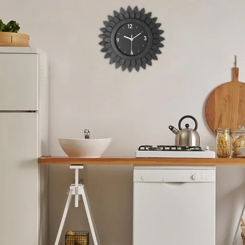 Vista 2 de Honiway Reloj de Pared a Batería de 12 Pulgadas de Madera Rústica Bohemio Sunburst Decorativo Reloj de Pared Silencioso Sin Tictac Negro Relojes