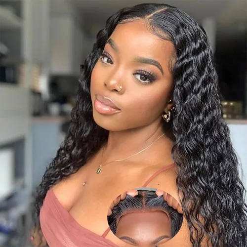 Vista 8 de Pelucas de cabello humano rizado con ondas profundas de 5 x 5 HD, sin pegamento, precortadas, con encaje frontal, para mujeres negras, color negro