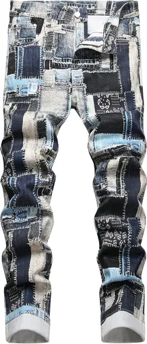 Vista 31 de Baylvn - Pantalones de mezclilla para hombre con diseño patchwork, ajustados y cómodos, estilo motociclista 3132 Camuflaje y azul