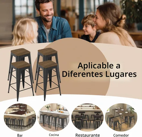 Vista 7 de Juego de 4 taburetes de bar sin respaldo de 24 pulgadas, taburetes de bar de metal para interiores con asiento de madera, taburetes de bar Negro