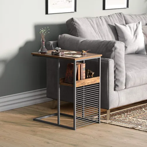 Vista 4 de Cubiker Mesa auxiliar para sofá, mesa auxiliar con estante de madera, mesa de sofá en forma de C para sala de estar, dormitorio, mesita de noche