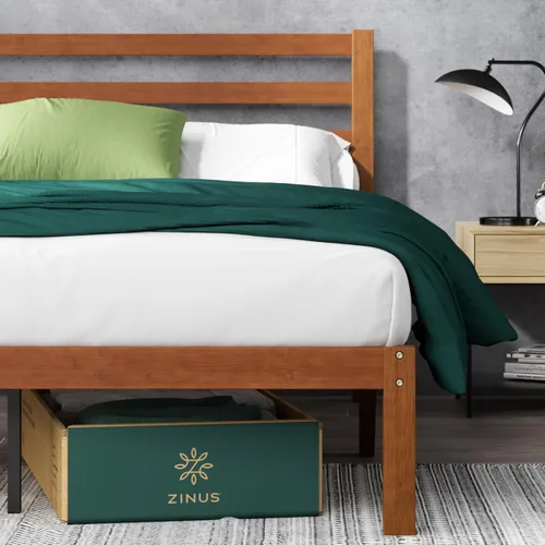 Vista 16 de Zinus Kai - Base de cama de bambú y metal con cabecero, no necesita somier, fácil montaje, individual, color marrón
