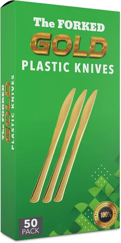 Vista 3 de FORKED - Cuchillos desechables de plástico dorado de 50 piezas, cubiertos de alta resistencia, cuchillos de sopa duraderos y desechables