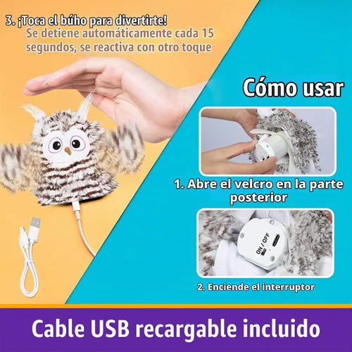 Vista 4 de Kimee Juguete Interactivo para Gatos Recargable Búho Automático que Pía Juguete para Gatitos con Hierba Gatera, Alas que Baten Automáticamente