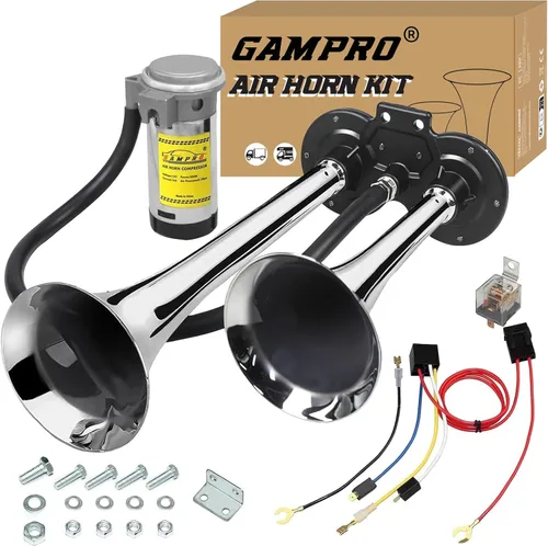 Vista 10 de GAMPRO Bocina de aire de 150db 12V, trompeta doble de zinc cromado con compresor para cualquier vehículo de 12 V (negro)