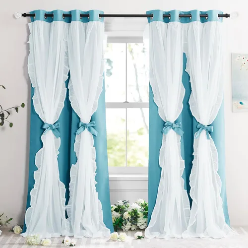 Vista 44 de PONY DANCE Cortinas con Volantes de Doble Capa con Superposición Transparente, Decoración Elegante para Ventanas de Diseño Rústico Francés de Campo