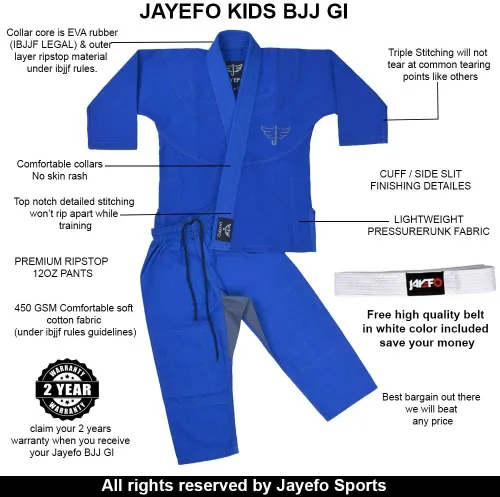 Vista 2 de Jayefo JIU Jitsu GI para niños y niñas, IBJJF Legal BJJ ligero, suave, preencogido, para niños y jóvenes, sin MMA, cinturón blanco