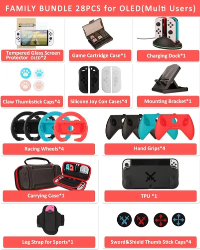 Vista 2 de Accesorios para Nintendo Switch OLED Arisll Family Bundle Estuche de transporte y protector de pantalla paquete de 4 agarres Joy Con y volantes