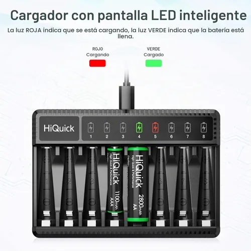 Vista 6 de HiQuick Cargador de batería AA AAA de 8 bahías con 4 pilas AA 2800mAh y 4