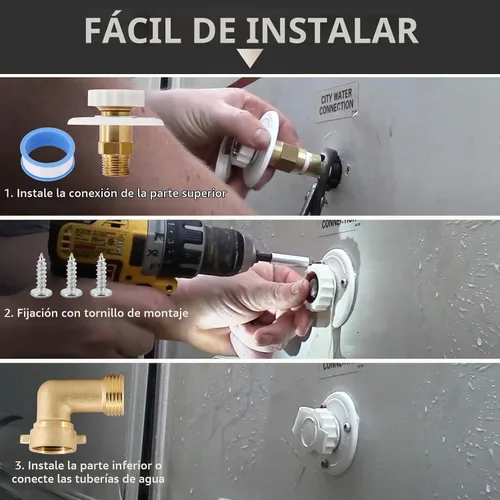 Vista 3 de kipa Brida de entrada de agua para autocaravana, latón con codo de manguera, válvula de retención y conector FPT de 1/2" rosca hembra, brida de 3