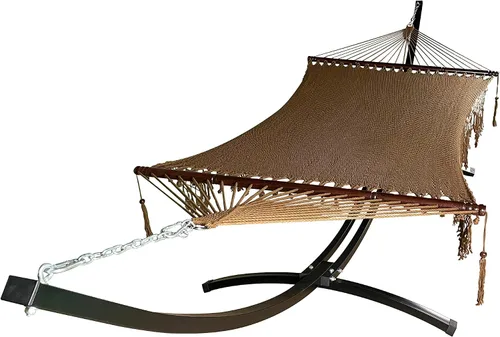Vista 11 de Soporte de hamaca de arco de acero negro resistente para interiores y exteriores de 15 pies con hamaca acolchada de primera calidad (beige)