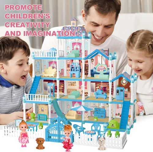 Vista 5 de Casa de Muñecas OCTERIC para Niñas, Casa de Muñecas de 13 Habitaciones con 2 Muñecas, Luces, Figuras, Cachorros, Muebles, Accesorios, Juguetes