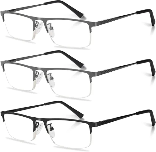 Vista 8 de Paquete de 3 lentes de lectura para hombre, ligeros marcos de metal con bloqueo de luz azul, filtro elegante para rayos UV/deslumbramiento de Negro