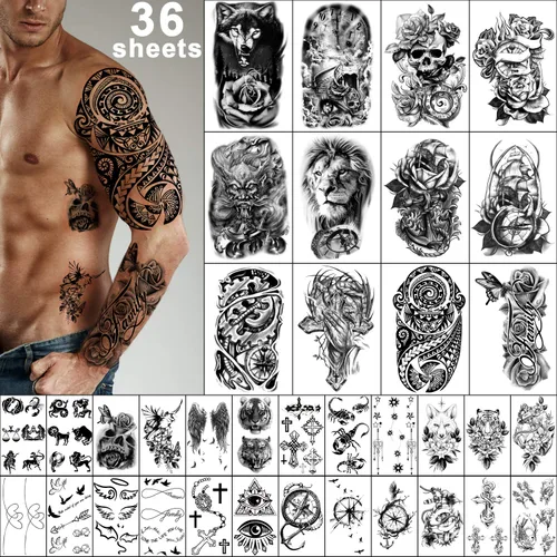 Vista 11 de 77 hojas de tatuajes temporales realistas en 3D para adultos y niños, cráneo, tigre, lobo, león, dragón, araña, serpiente, tatuajes temporales