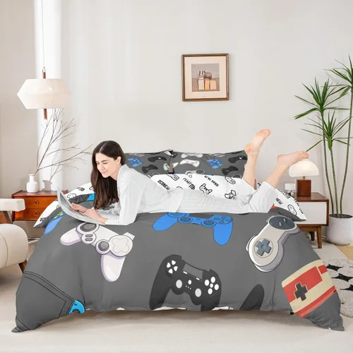 Vista 37 de Juego de funda de edredón con diseño de videojuegos para niños, tamaño individual, negro y azul a cuadros, juego de ropa de cama moderna