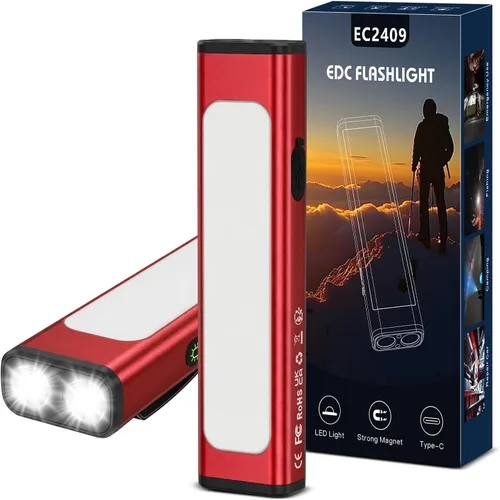 Vista 10 de Linterna plana EDC recargable, 1200 lúmenes USB-C (naranja, 1 unidad) Linterna de bolsillo con clip, 9 modos de luz magnética impermeable pequeña