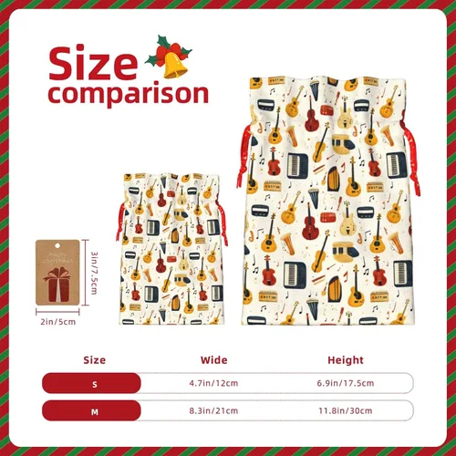 Vista 2 de Bolsas de regalo con estampado de instrumentos musicales retro, bolsas de regalo de Navidad reutilizables con cordón y etiqueta de regalo