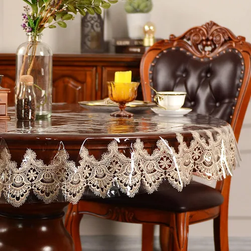 Vista 2 de SUTAVIA - Mantel de TPU transparente 100% impermeable con encaje, protector de mesa PVC a prueba de aceite y derrames, mantel transparente oblongo