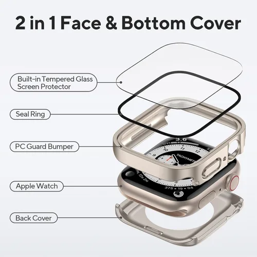 Vista 2 de Paquete de 4 fundas impermeables compatibles con Apple Watch de 1.772 pulgadas Series 9/8/7 con protector de pantalla de vidrio templado, cobertura