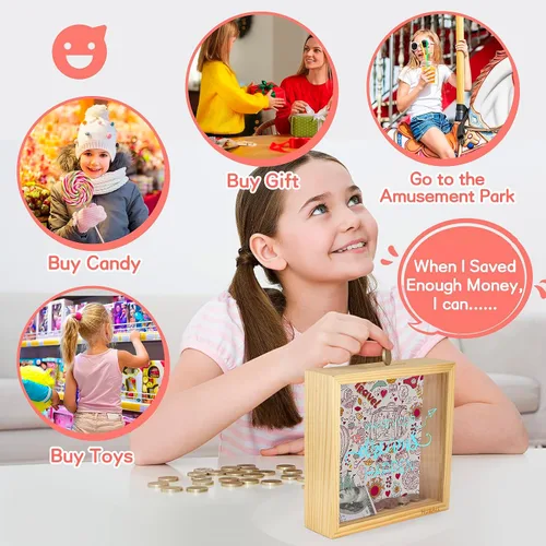 Vista 5 de Alcancía para niños, caja de madera más grande y segura para niños, caja de dinero de madera natural, impresa en la parte delantera de plexiglás