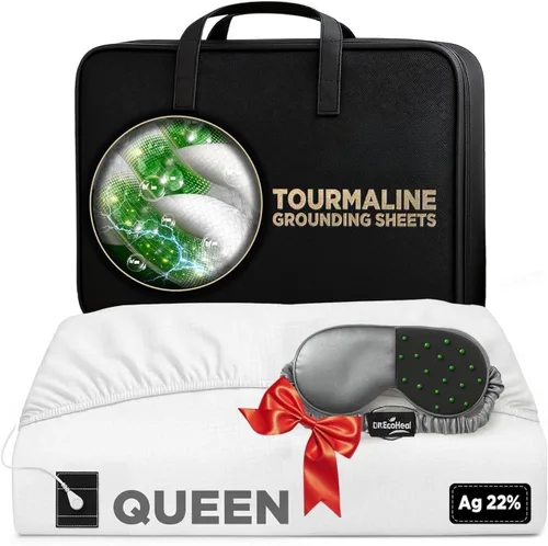 Vista 19 de Sábanas de turmalina de lujo, tamaño Queen, 20 % fibra plateada, 76 % algodón de turmalina, 4 % seda, sábana bajera ajustable con certificación