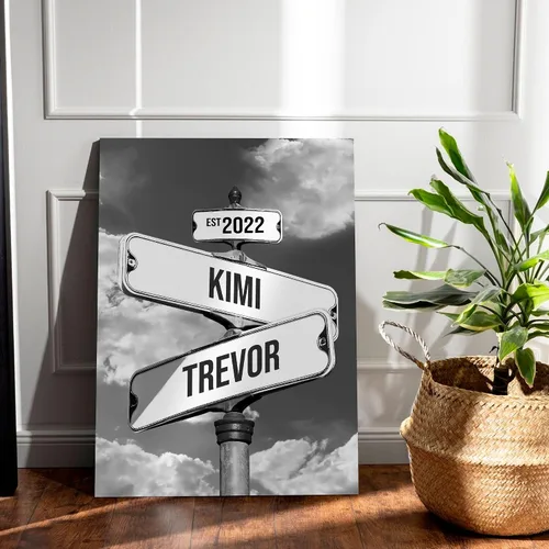 Vista 4 de Letrero de calle vintage de lienzo personalizado para parejas, nombre personalizado y fecha, impresión de lienzo de letrero de calle vintage