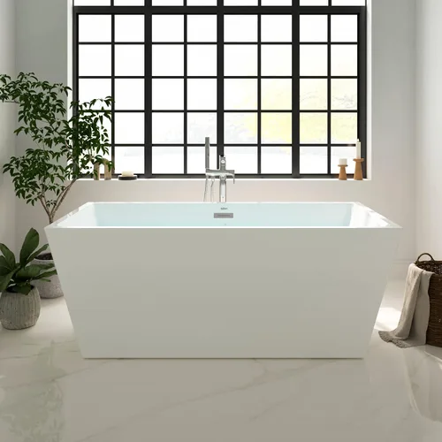 Vista 8 de FerdY Palawan - Bañera independiente de acrílico de 59 pulgadas, diseño contemporáneo rectangular para bañera de inmersión independiente