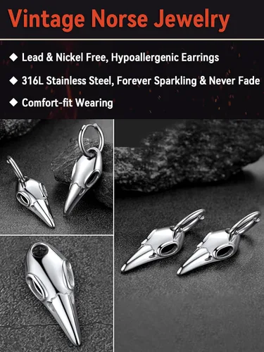 Vista 5 de FaithHeart Pendientes de tuerca Raven para mujeres y hombres, de acero inoxidable, punk gótico, nórdico, vikingo, con delicado embalaje de regalo