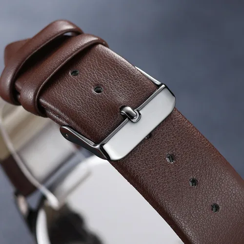 Vista 5 de NUOVO Reloj de cuarzo para hombre con correa de cuero, números árabes clásicos, blanco, vestido, estilo simple de moda