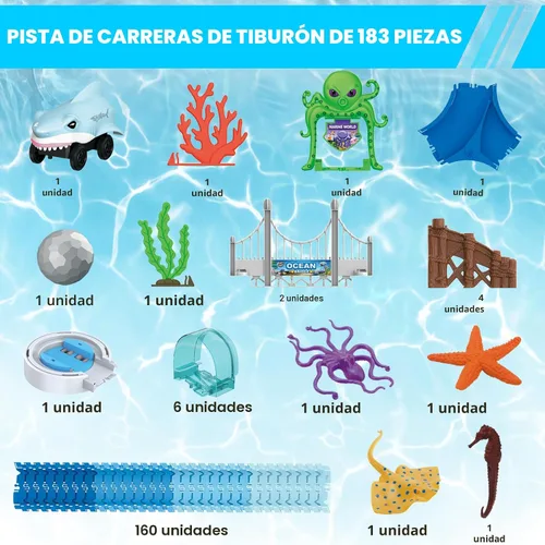 Vista 3 de VATOS - Juguetes de pista 183 piezas, autos de carreras de tiburón para niños y niñas de 3, 4, 5, 6, 7, 9 años, autos de pista flexibles y maleables
