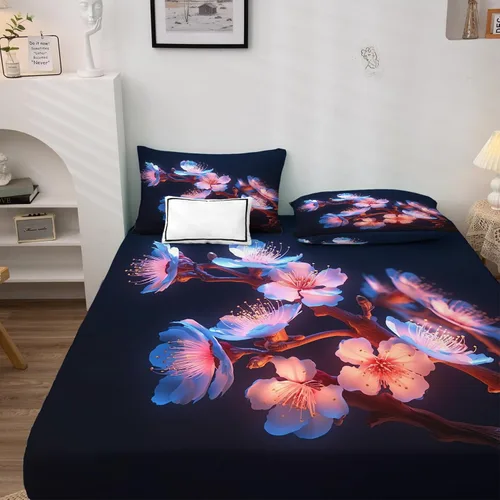 Vista 2 de Z9-&-189 - Juego de sábanas de 3 piezas con estampado de flor de cerezo en flor de cerezo, sábana bajera ajustable de microfibra suave con bolsillo